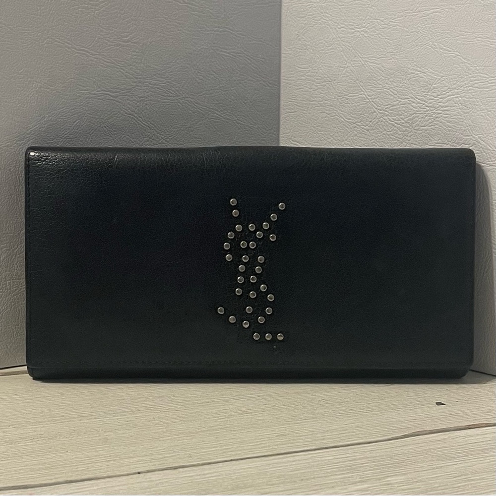 Yves Saint Laurent Studded Dark Navy Blue Leather Studded Wallet